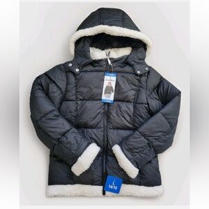 Sam Edelman Girls Youth Black Puffer Jacket with Sherpa Trim Black/White.